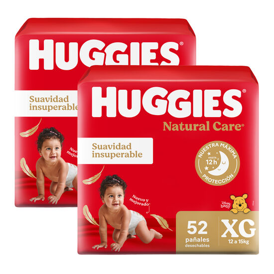 Pañales Premium Huggies Natural Care XG Más Suave 52 Ud Pack x2
